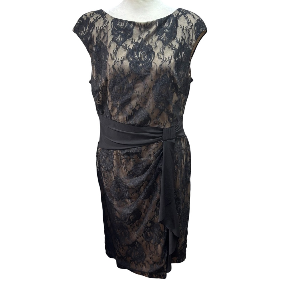 Chaps Black Floral Lace Sheath Dress Tan Lining Satin Waist Ruffle Size 14 #1103